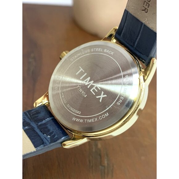 Timex Women's Watch T2N954 Quartz White Dial Blue Leather Strap 30mm Gold Case - Picture 7 of 15